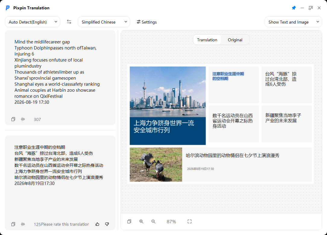 Side-by-side image and text results in PixPin Image to Text mode