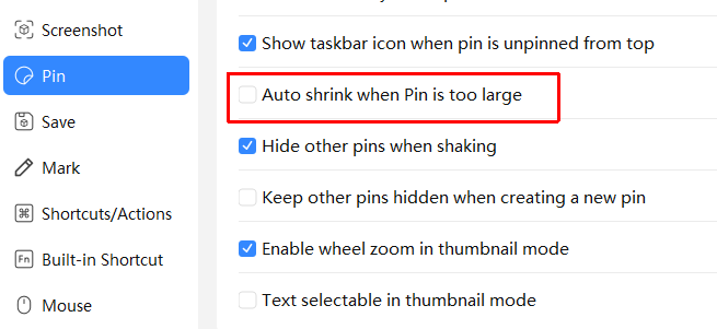 PixPin 설정의 Auto shrink when Pin is too large 옵션